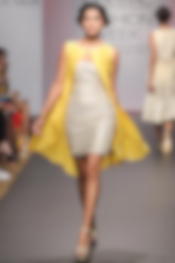 Beige embroidered lines tube dress with yellow cape by SVA BY SONAM & PARAS MODI
