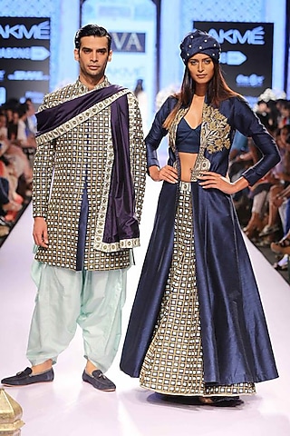 Midnight blue and mint embroidered lehenga by SVA BY SONAM & PARAS MODI