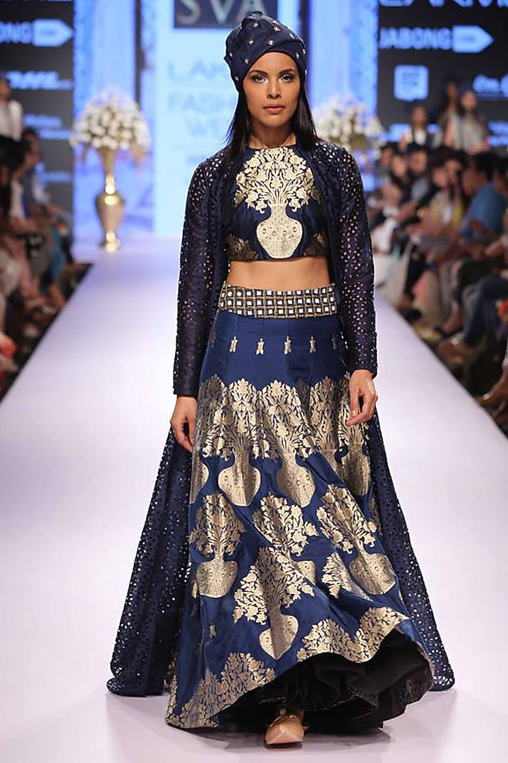 Midnight blue gold print dye cut jacket lehenga set available only at Pernia's Pop-Up Shop.available only at Pernia's Pop-Up Shop.