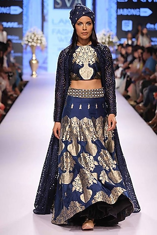 Mid-night blue gold print dye cut jacket lehenga set by SVA BY SONAM & PARAS MODI