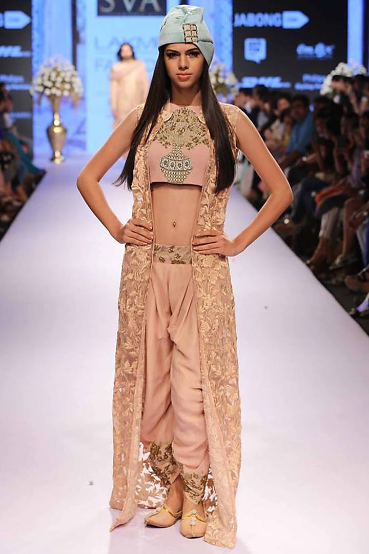 Old rose floral jaal jacket with embroidered crop top and patiala by SVA BY SONAM & PARAS MODI