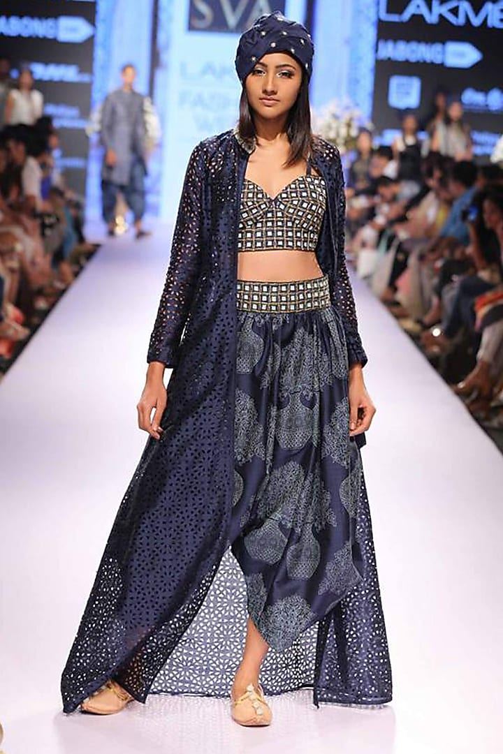 Midnight blue dye cut jacket with printed lounge pants available only at Pernia's Pop-Up Shop.