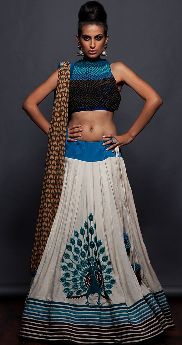 Off white resham work peacock ghaghra set available only at Pernias pop-up shop.