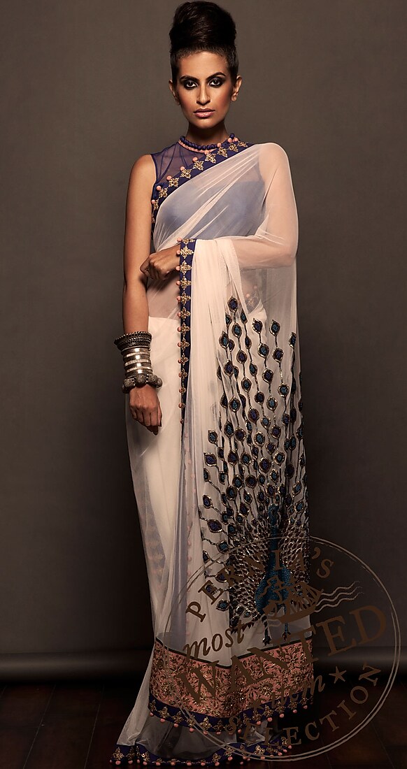 Off-white net sari by SVA BY SONAM & PARAS MODI