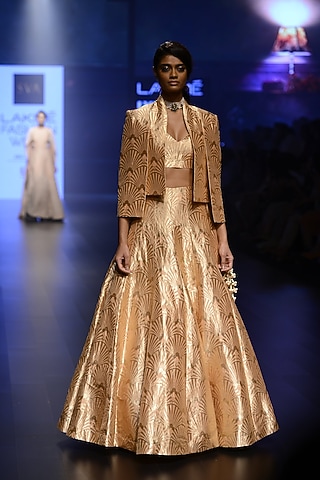 Blush and Gold Fan Printed Motifs Blouse, Lehenga and Cape Set by SVA BY SONAM & PARAS MODI