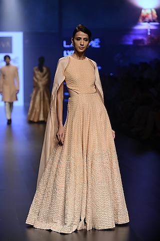 Blush Pink Leaf Embroidered Gown and Cape Set by SVA BY SONAM & PARAS MODI