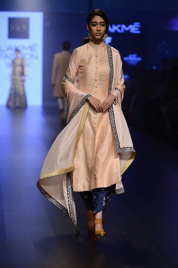 Blush pink plain sherwani and cowl pants set available only at Pernia's Pop Up Shop.