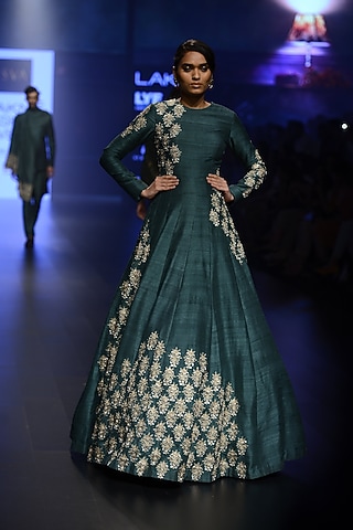 Emerald Green Rose Embroidered Flared Floor Length Gown by SVA BY SONAM & PARAS MODI