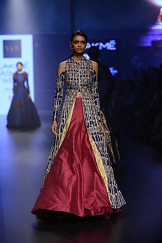 Midnight Blue Aari and Pita Work Cold Shoulder Jacket by SVA BY SONAM & PARAS MODI