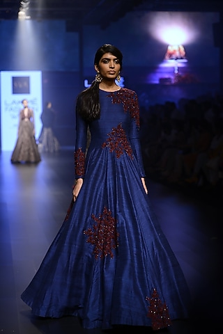 Midnight Blue and Burgundy Floral Embroidered Flared Gown by SVA BY SONAM & PARAS MODI