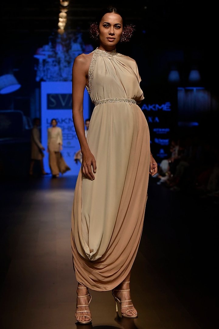 Beige Embellished Cowl Dress with Belt by SVA BY SONAM & PARAS MODI
