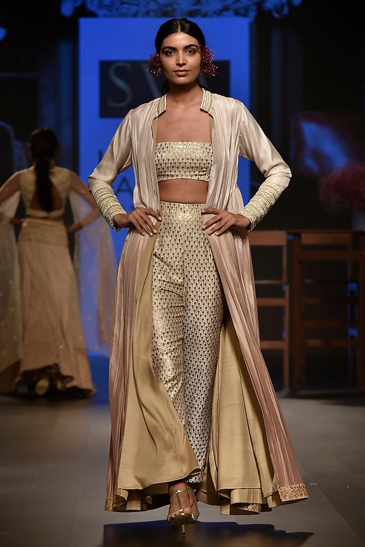 Beige Embellished Bustier with Cigarette Pants and Jacket by SVA BY SONAM & PARAS MODI