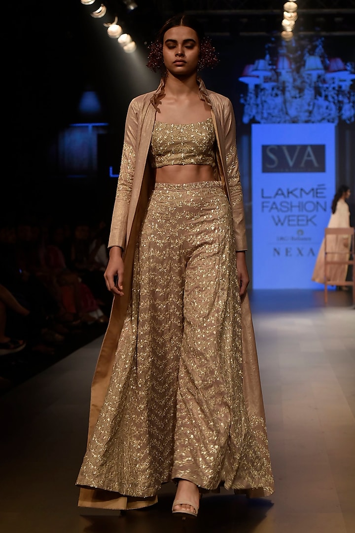 Beige Sequins Embellished Crop Top with Sharara Pants Set by SVA BY SONAM & PARAS MODI
