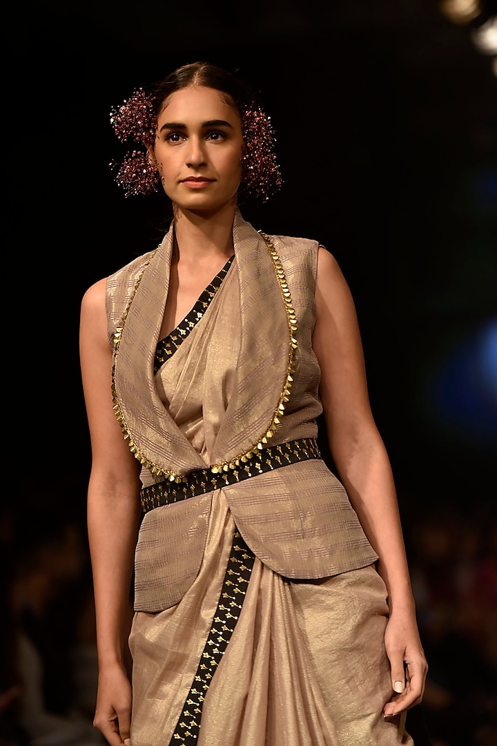 Beige Embellished Saree with Jacket Blouse by SVA BY SONAM & PARAS MODI