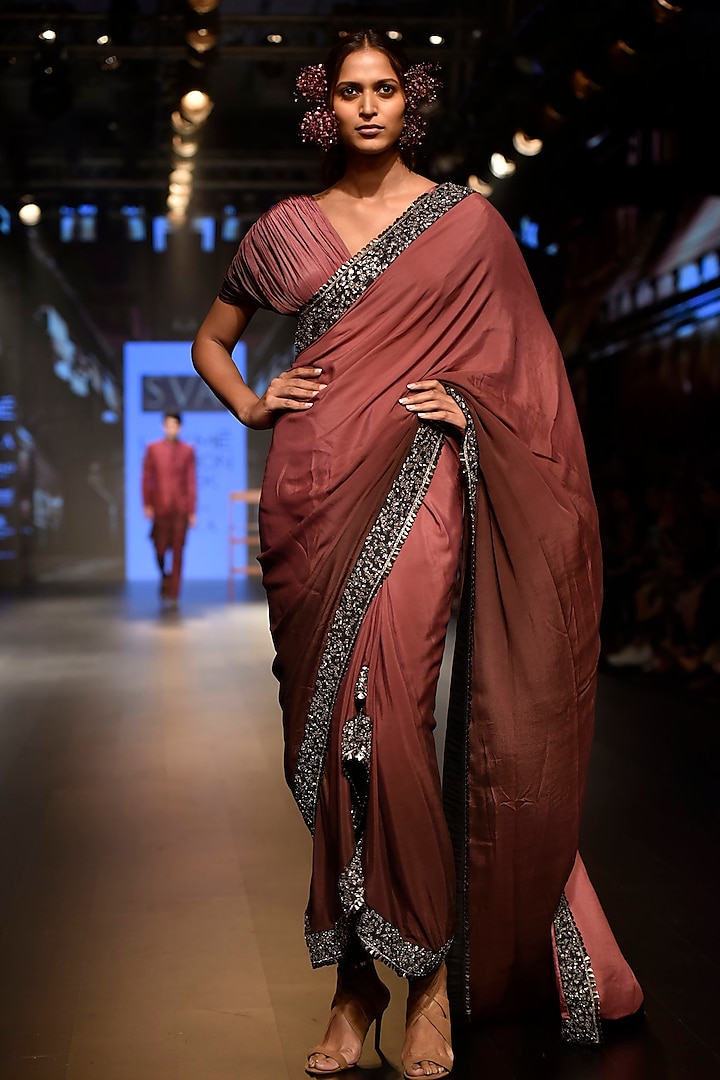 Maroon Embellished Ombre Saree with Pleated Blouse by SVA BY SONAM & PARAS MODI
