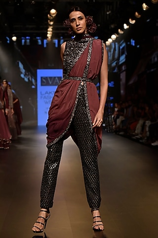Black Embroidered Crop Top with Cigaratte Pants and Drape by SVA BY SONAM & PARAS MODI
