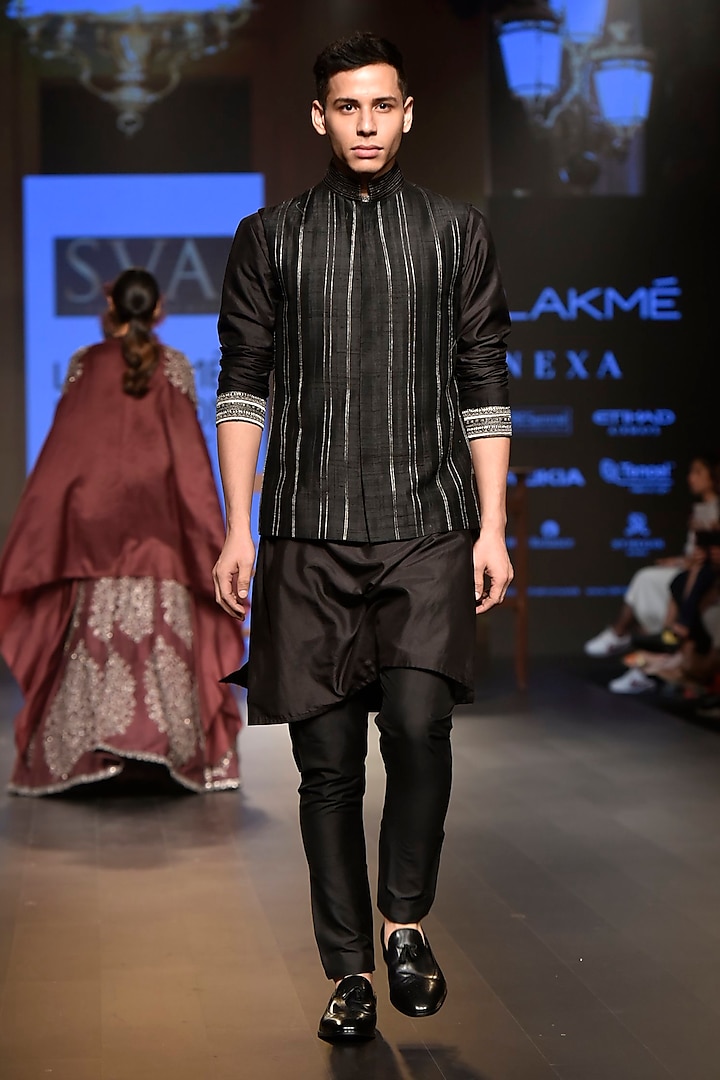 Black Embellished Bundi Jacket by SVA BY SONAM & PARAS MODI Men
