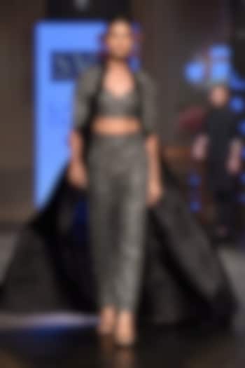 Black Floral Embroidered Cape with Crop Top and Pants by SVA BY SONAM & PARAS MODI