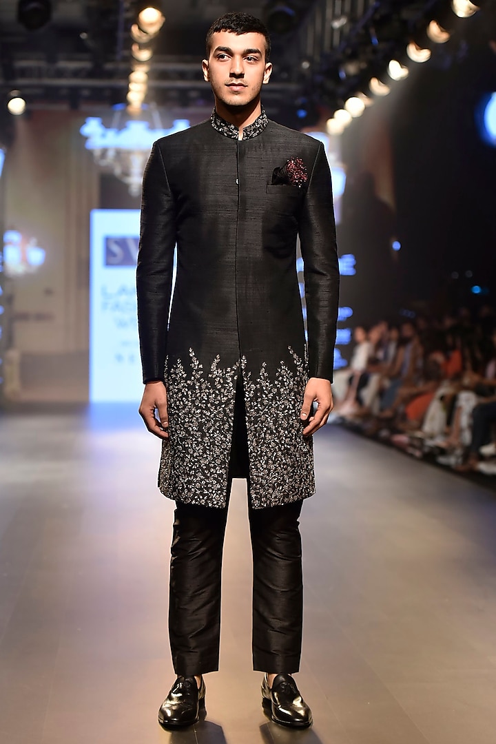 Black Sequins Embellished Sherwani Set by SVA BY SONAM & PARAS MODI Men