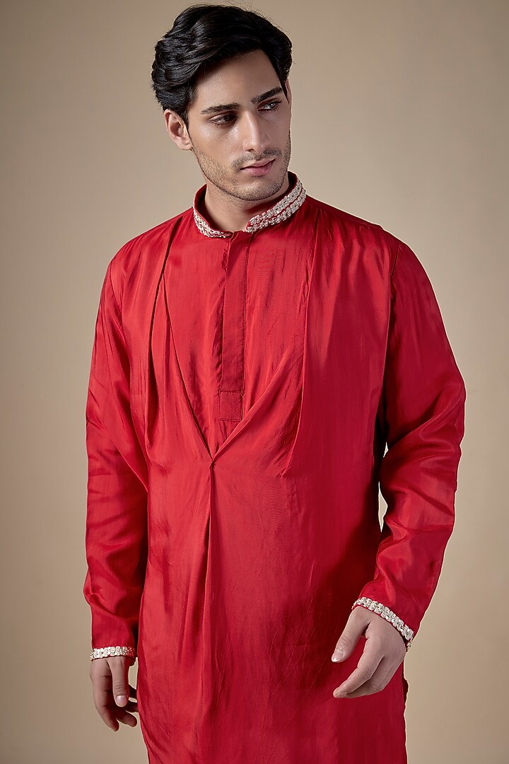 Orange Silk Kurta Set by Sva By Sonam & Paras Modi Men at Pernia's Pop Up Shop