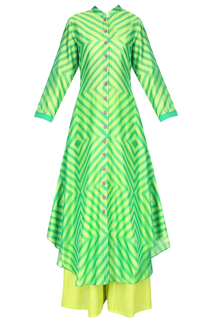 Yellow And Green Shibori Effect Asymmetric Kurta With Palazzo Pants
 by Swati Vijaivargie