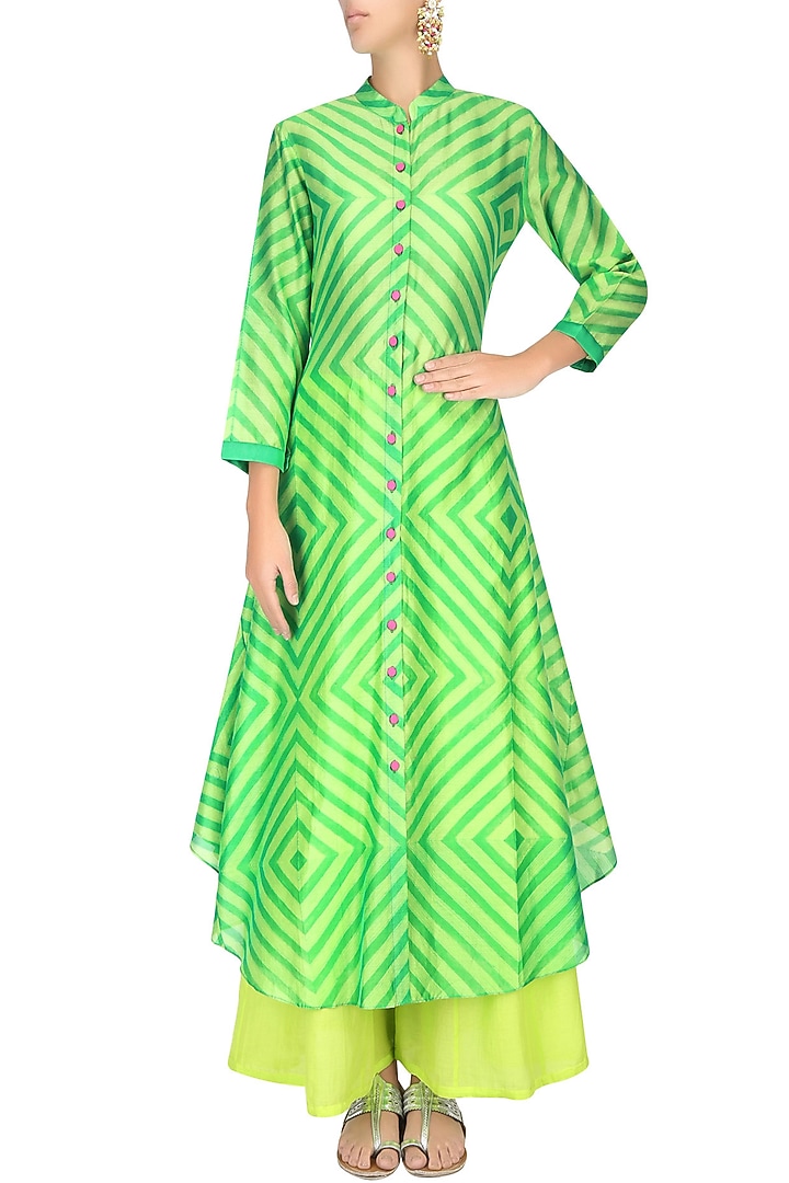 Yellow and green geometric print asymmetric kurta with palazzo pants available only at Pernia's Pop Up Shop.