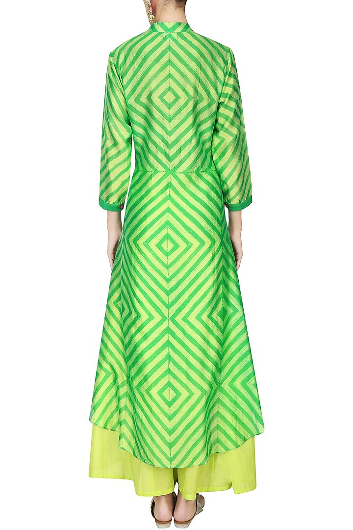 Yellow and green geometric print asymmetric kurta with palazzo pants available only at Pernia's Pop Up Shop.