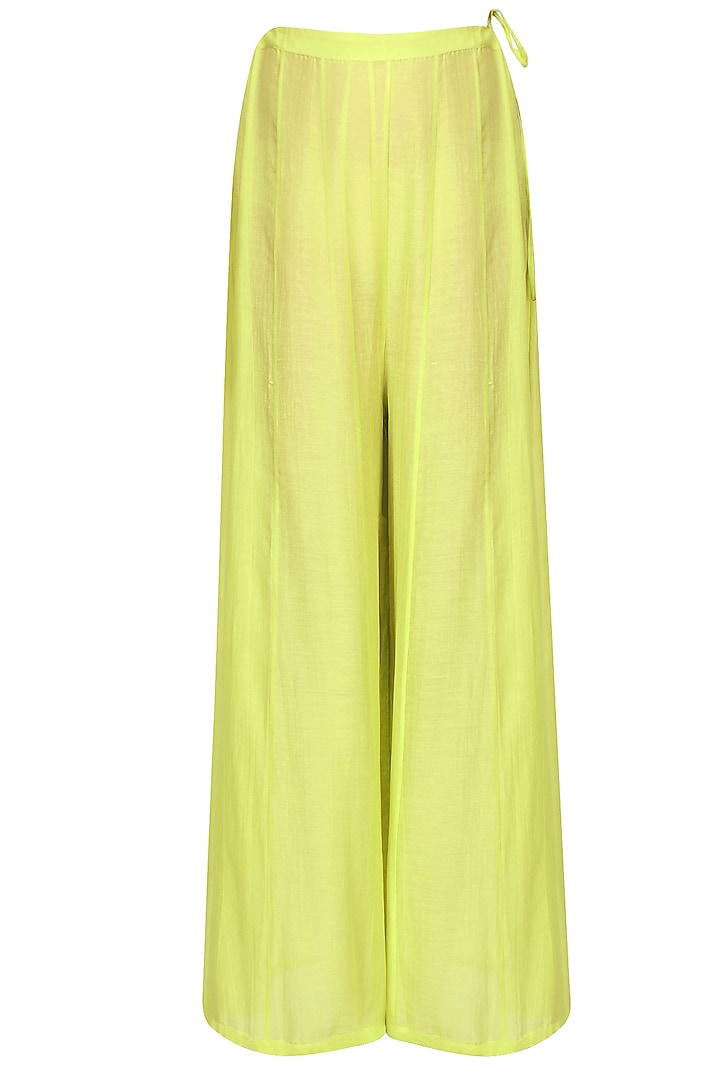 Yellow and green geometric print asymmetric kurta with palazzo pants available only at Pernia's Pop Up Shop.