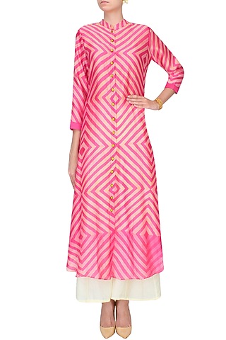Pink Shibori Effect Asymmetric Kurta With Palazzo Pants
 by Swati Vijaivargie