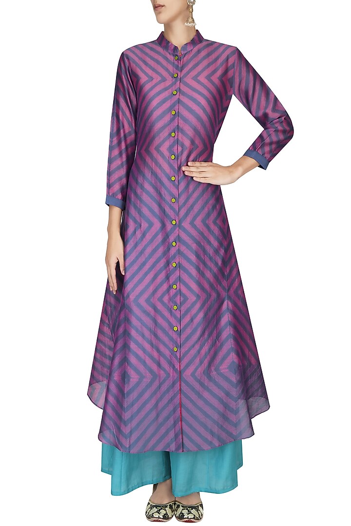 Pink and purple geometric print asymmetric kurta with palazzo pants available only at Pernia's Pop Up Shop.