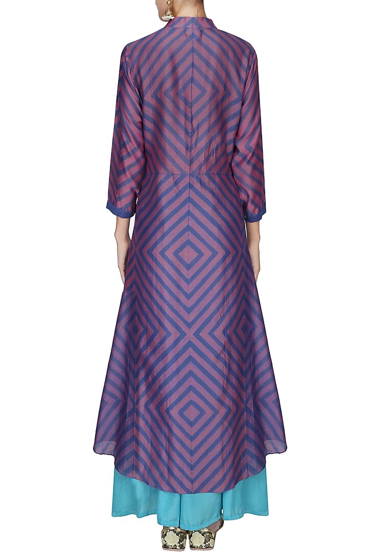 Pink and purple geometric print asymmetric kurta with palazzo pants available only at Pernia's Pop Up Shop.