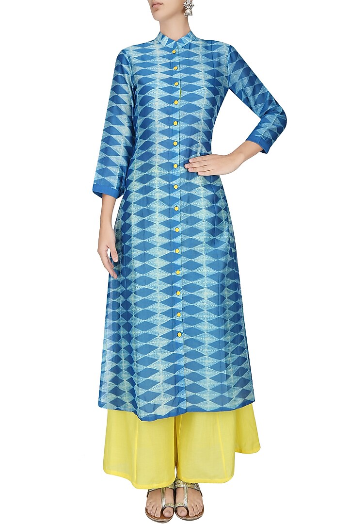 Indigo blue shibori effect kilim print kurta with palazzo pants available only at Pernia's Pop Up Shop.