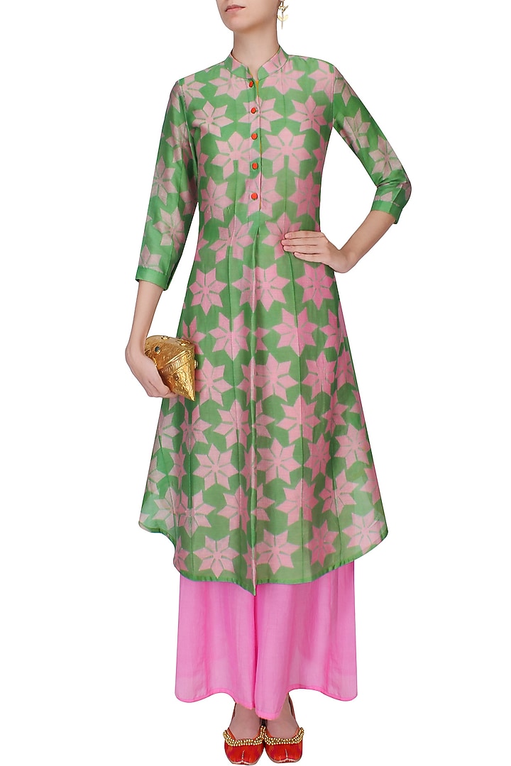 Pink and green shibori floral print kurta with palazzo pants available only at Pernia's Pop Up Shop.