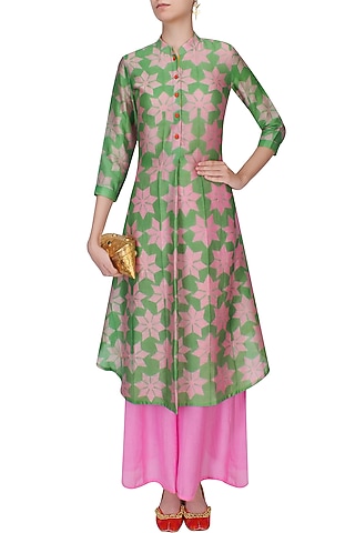 Pink And Green Shibori Floral Print Kurta With Palazzo Pants by Swati Vijaivargie