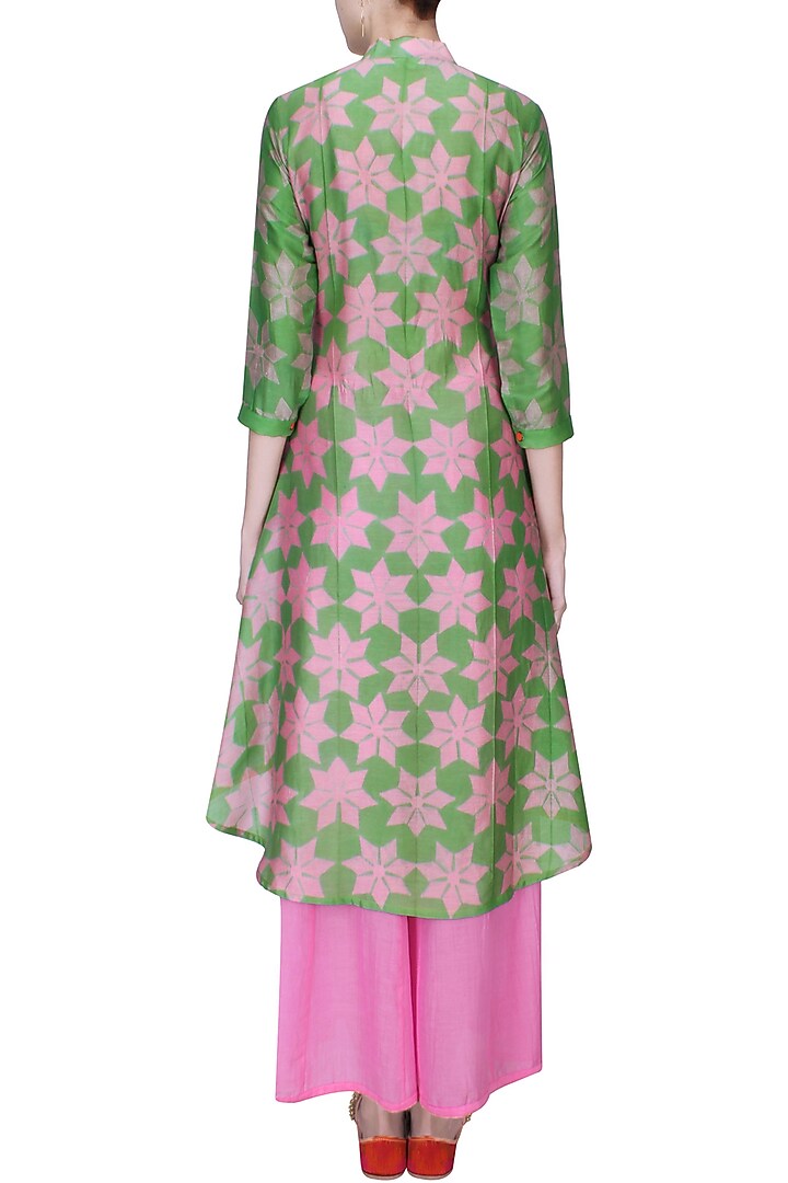 Pink and green shibori floral print kurta with palazzo pants available only at Pernia's Pop Up Shop.