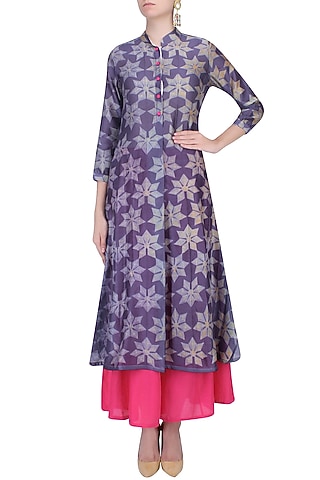 Purple And Grey Shibori Floral Print Kurta With Palazzo Pants by Swati Vijaivargie