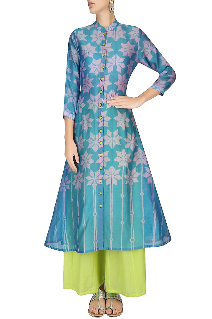 Pink and blue shibori kilim print kurta with palazzo pants available only at Pernia's Pop Up Shop.