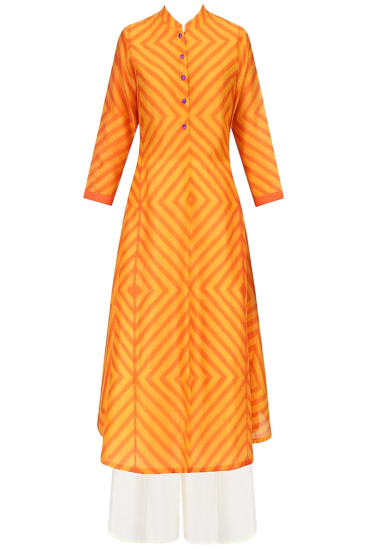 Orange Shibori Effect Kurta With Palazzo Pants by Swati Vijaivargie