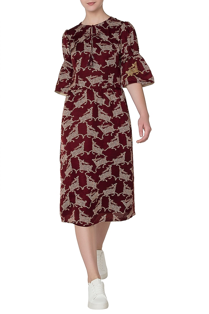 Maroon deer print midi dress available only at Pernia's Pop Up Shop.