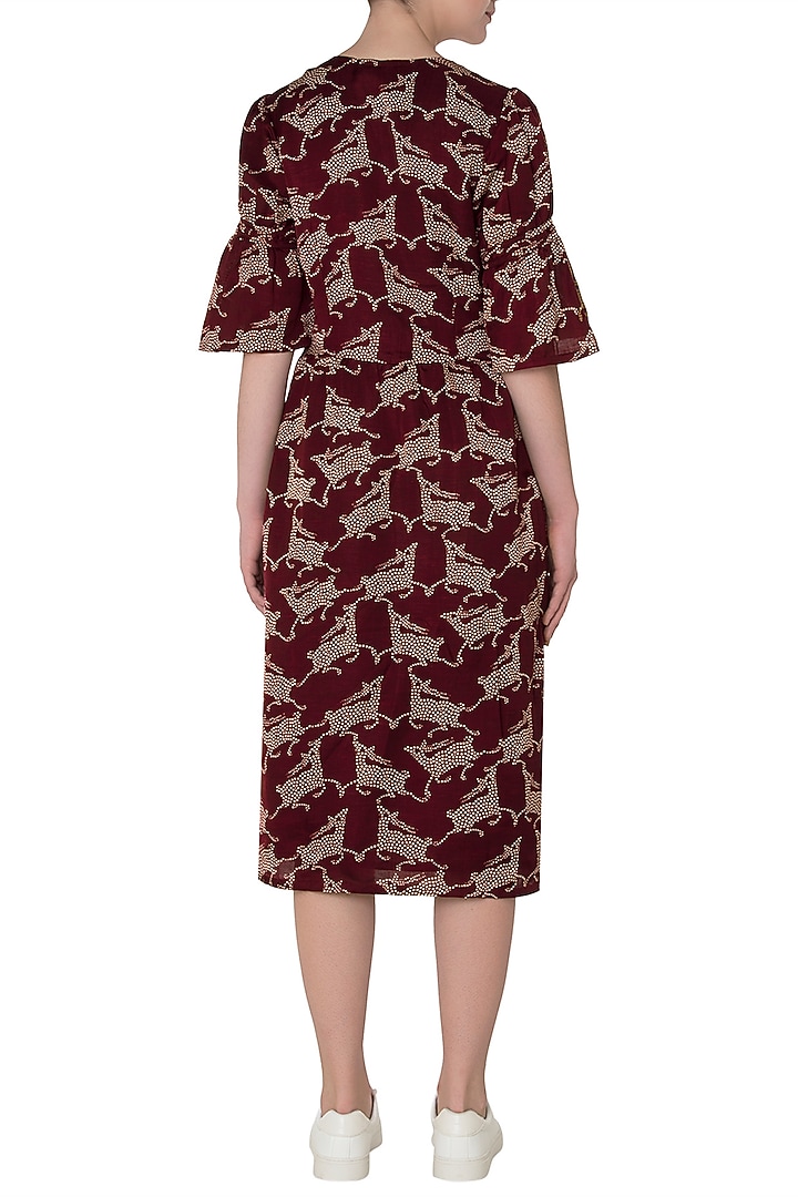 Maroon deer print midi dress available only at Pernia's Pop Up Shop.