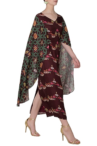 Maroon Linen Satin Printed Maxi Dress by Swati Vijaivargie