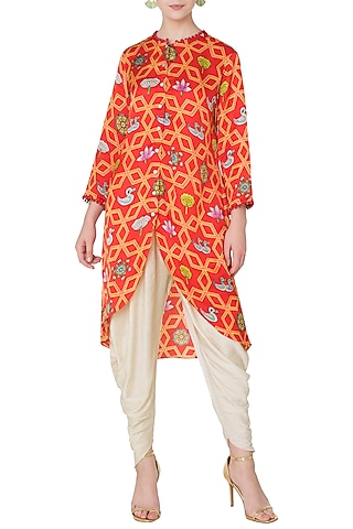 Red Asymmetrical Printed Kurta with Off White Dhoti Pants by Swati Vijaivargie