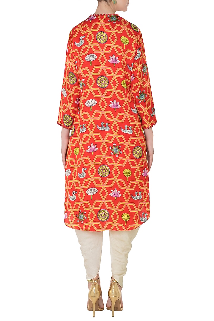 Red asymmetrical printed kurta with off white dhoti pants available only at Pernia's Pop Up Shop.