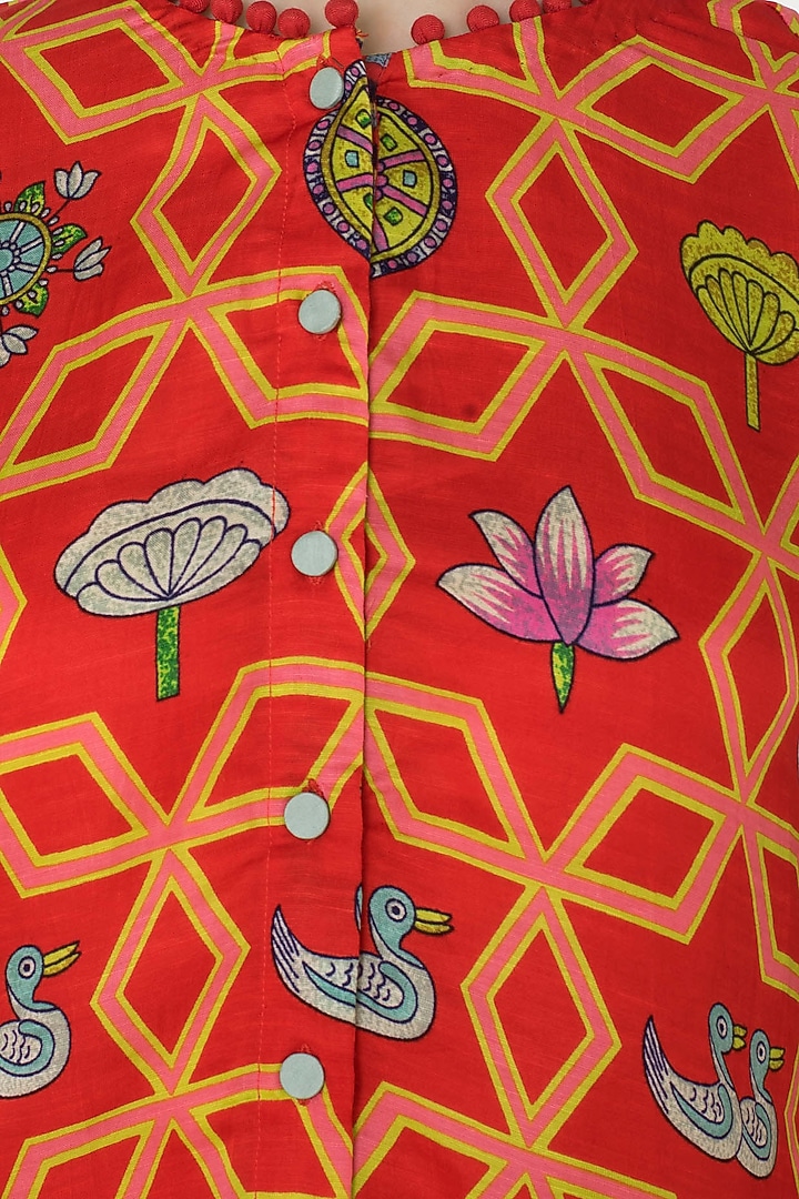 Red asymmetrical printed kurta with off white dhoti pants available only at Pernia's Pop Up Shop.
