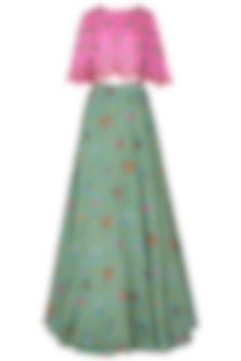 Light Teal Lehenga Skirt with Pink Floral Embroidered Crop Top by Swati Vijaivargie