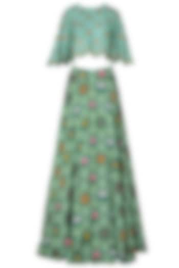 Dark Teal Lehenga Skirt with Floral Embroidered Crop Top by Swati Vijaivargie