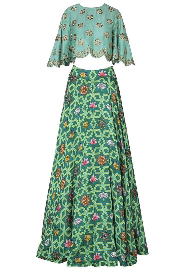 Dark Teal Lehenga Skirt with Floral Embroidered Crop Top by Swati Vijaivargie