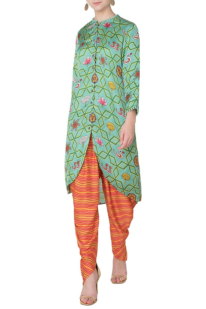 Light teal asymmetrical printed kurta with striped dhoti pants available only at Pernia's Pop Up Shop.