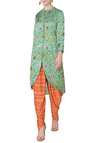Light Teal Asymmetrical Printed Kurta with Striped Dhoti Pants by Swati Vijaivargie