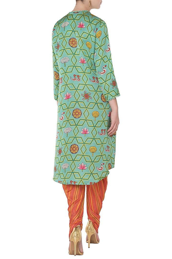 Light teal asymmetrical printed kurta with striped dhoti pants available only at Pernia's Pop Up Shop.